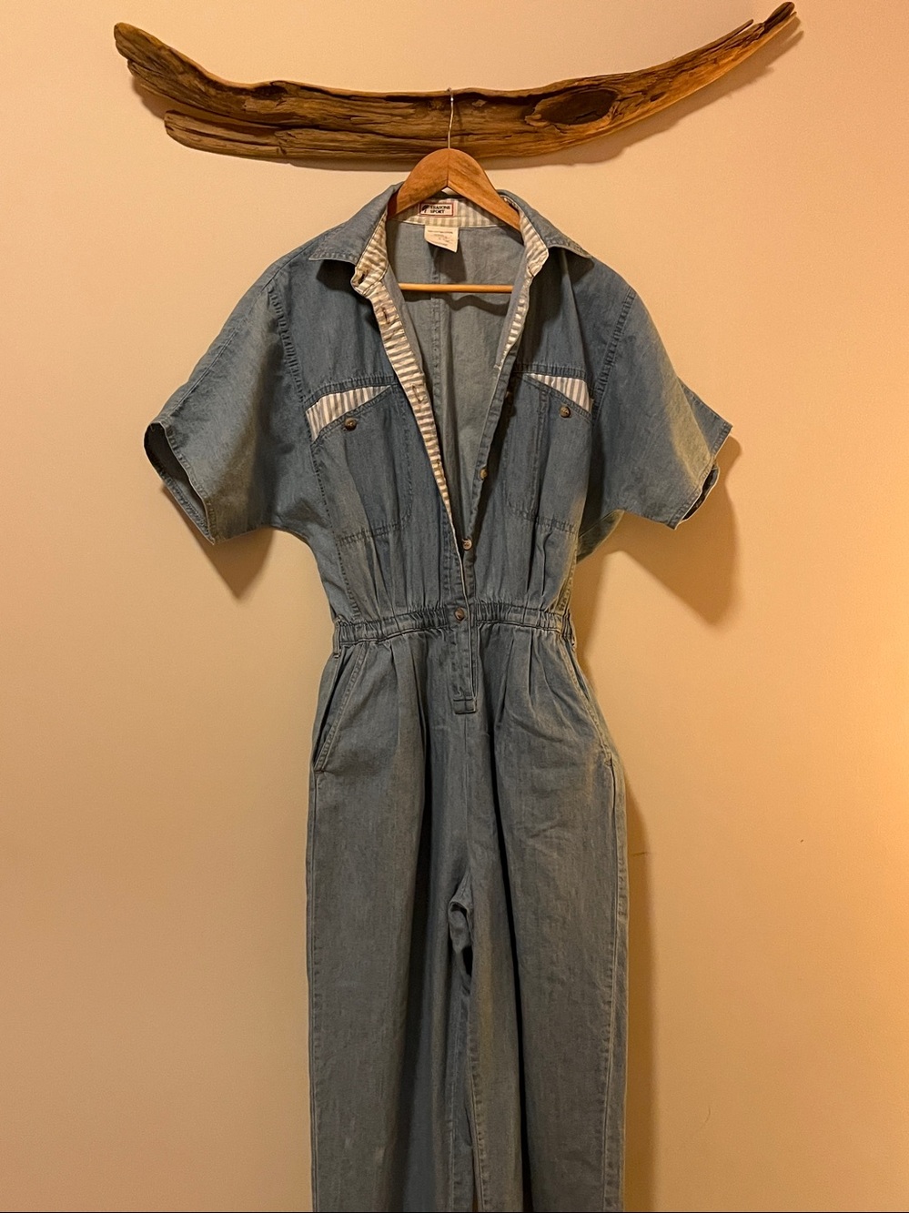 Vintage Light Blue Denim Jumpsuit with Striped Pocket Accents - Picture 2 of 7